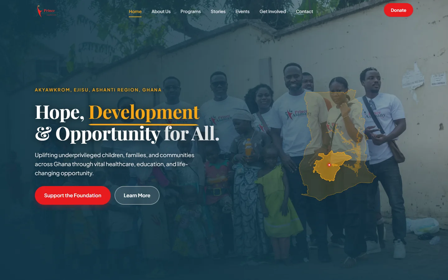 Prince Asamany Foundation homepage featuring volunteers and children in Ghana with the headline Hope, Development and Opportunity for All