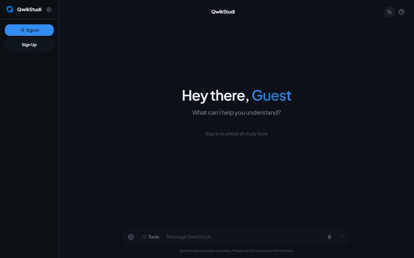 Qwikstudi study assistant interface with a dark sidebar and a central chat prompt